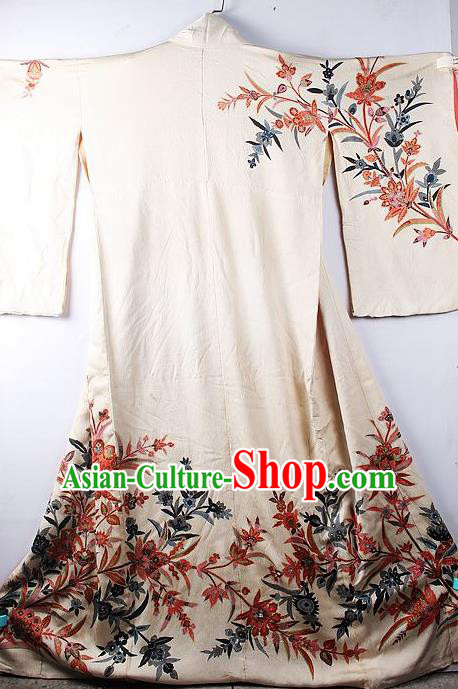 Asian Japanese National Iromuji Printing Beige Furisode Kimono Ceremony Costume Traditional Japan Yukata Dress for Women