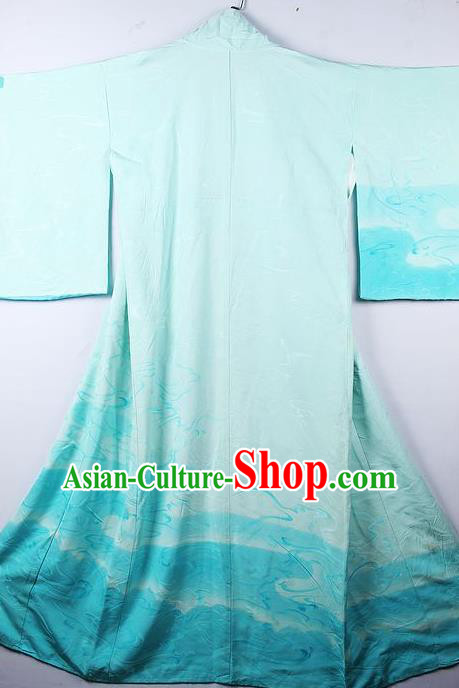 Asian Japanese Palace Pattern Blue Furisode Kimono Traditional Japan Yukata Dress for Women