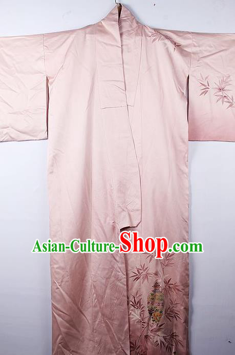 Asian Japanese Palace Bamboo Leaf Pattern Pink Furisode Kimono Traditional Japan Yukata Dress for Women