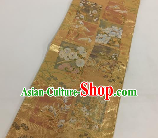 Japanese Traditional Classical Orchid Pattern Golden Waistband Kimono Brocade Accessories Asian Japan Yukata Belt for Women