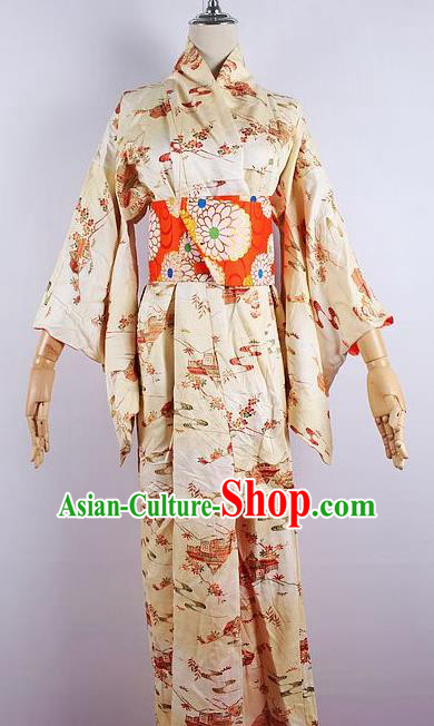 Asian Japanese Ceremony Printing Light Yellow Kimono Dress Traditional Japan Yukata Costume for Women