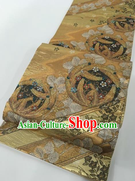 Traditional Japanese Classical Pattern Golden Nishijin Waistband Kimono Brocade Accessories Yukata Belt for Women