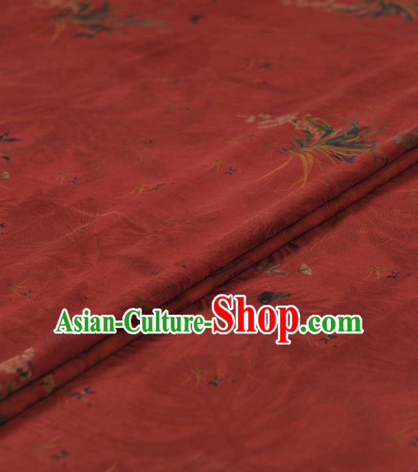 Chinese Traditional Classical Orchid Pattern Design Red Gambiered Guangdong Gauze Asian Brocade Silk Fabric