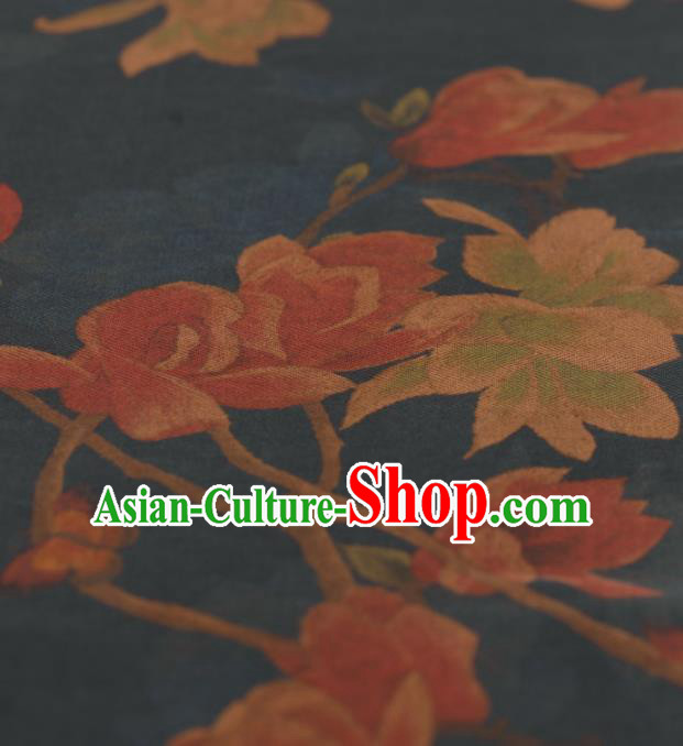 Asian Chinese Classical Magnolia Pattern Design Navy Gambiered Guangdong Gauze Traditional Cheongsam Brocade Silk Fabric