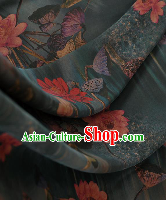 Chinese Classical Lotus Pattern Design Blue Gambiered Guangdong Gauze Traditional Asian Brocade Silk Fabric
