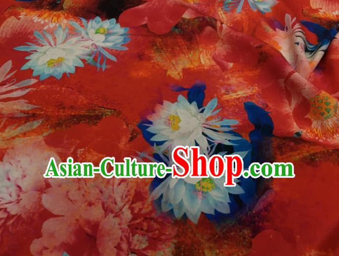 Asian Chinese Classical Lotus Pattern Red Brocade Satin Drapery Traditional Cheongsam Brocade Silk Fabric
