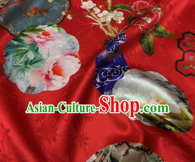 Asian Chinese Classical Peony Vase Pattern Red Brocade Satin Drapery Traditional Cheongsam Brocade Silk Fabric