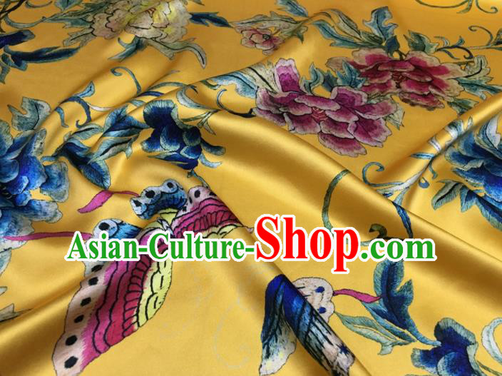Asian Chinese Classical Peony Flowers Pattern Yellow Brocade Satin Drapery Traditional Cheongsam Brocade Silk Fabric