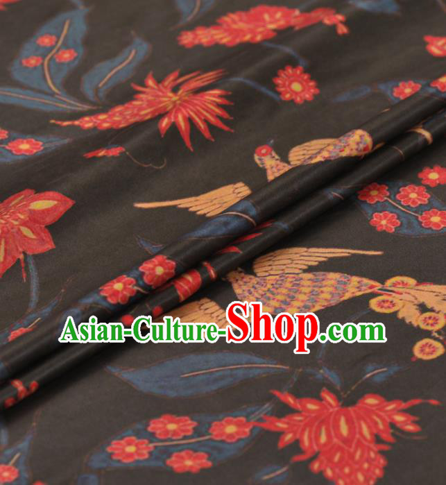 Asian Chinese Classical Birds Pattern Black Gambiered Guangdong Gauze Traditional Cheongsam Brocade Silk Fabric