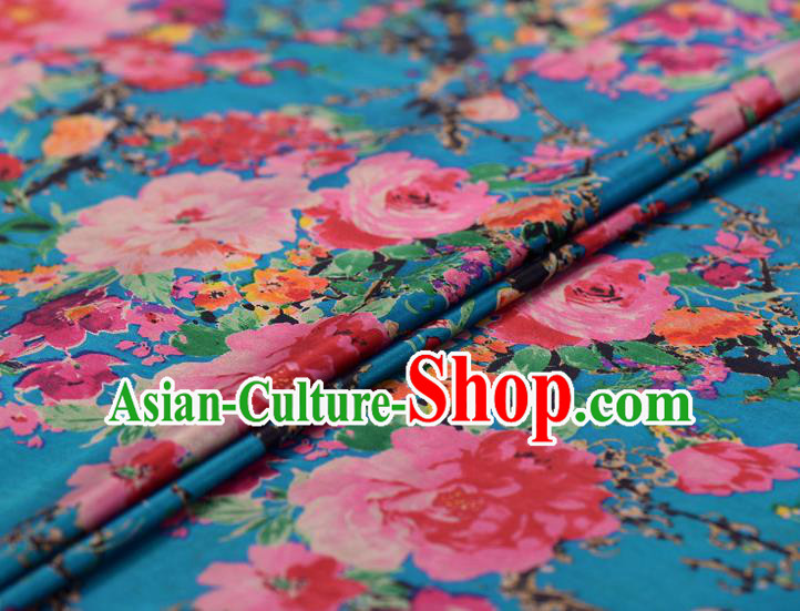 Asian Chinese Classical Peony Pattern Blue Gambiered Guangdong Gauze Traditional Cheongsam Brocade Silk Fabric