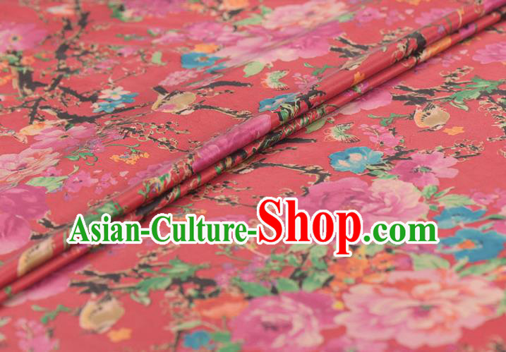Asian Chinese Classical Peony Pattern Red Gambiered Guangdong Gauze Traditional Cheongsam Brocade Silk Fabric