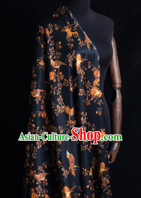 Asian Chinese Classical Birds Pattern Navy Brocade Satin Drapery Traditional Cheongsam Brocade Silk Fabric
