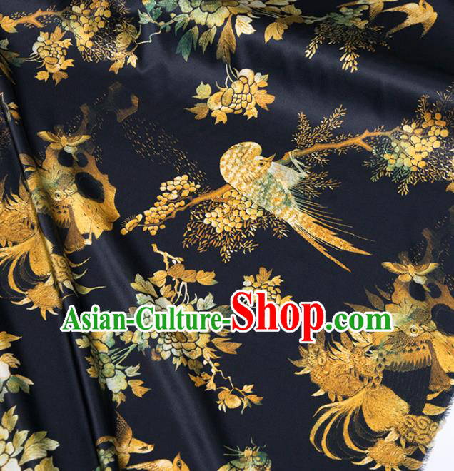 Asian Chinese Classical Peacock Peony Pattern Black Brocade Satin Drapery Traditional Cheongsam Brocade Silk Fabric