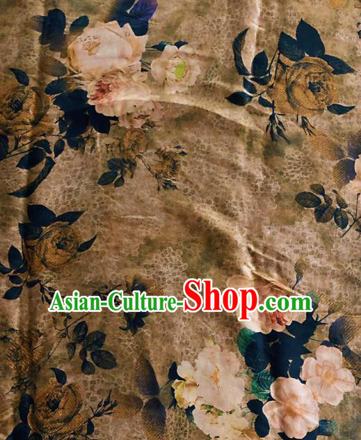 Asian Chinese Classical Roses Pattern Khaki Satin Drapery Gambiered Guangdong Gauze Brocade Traditional Cheongsam Brocade Silk Fabric