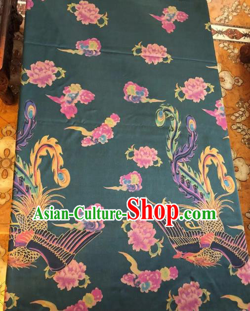 Asian Chinese Classical Phoenix Peony Pattern Deep Green Satin Drapery Gambiered Guangdong Gauze Brocade Traditional Cheongsam Brocade Silk Fabric