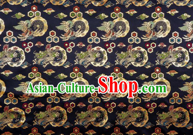Japanese Traditional Kimono Classical Dragons Pattern Navy Brocade Asian Japan Satin Drapery Silk Fabric