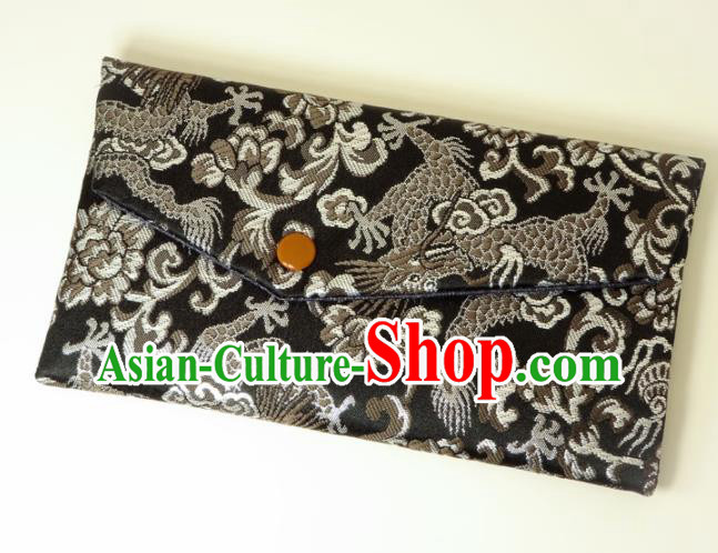 Japanese Traditional Classical Dragon Peony Pattern Black Brocade Handbag Asian Japan Nishijin Satin Bags Wallet