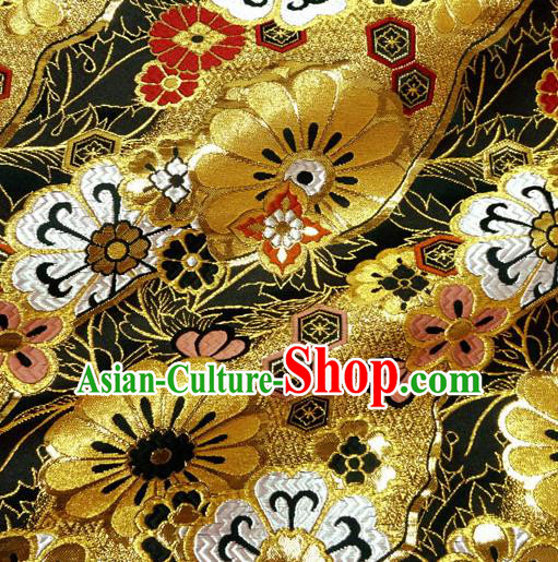 Japanese Traditional Kimono Classical Daisy Pattern Black Brocade Damask Asian Japan Nishijin Satin Drapery Silk Fabric