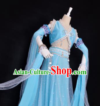 Chinese Cosplay Swordswoman Costume Ancient Goddess Blue Dress for Women