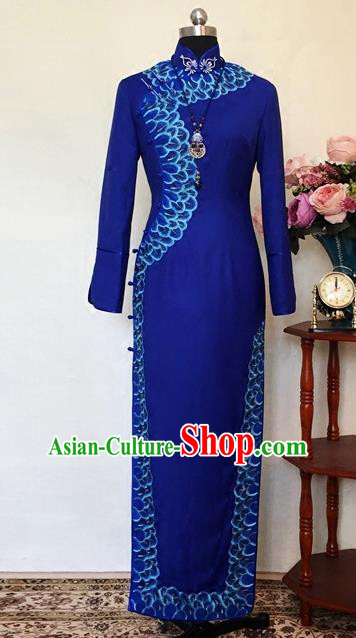 Chinese Traditional Customized Royalblue Cheongsam National Costume Classical Qipao Dress for Women