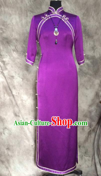 Chinese Traditional Customized Purple Silk Cheongsam National Costume Classical Qipao Dress for Women