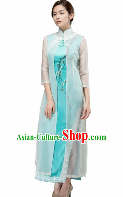 Chinese Traditional Customized Blue Silk Cheongsam National Costume Classical Qipao Dress for Women