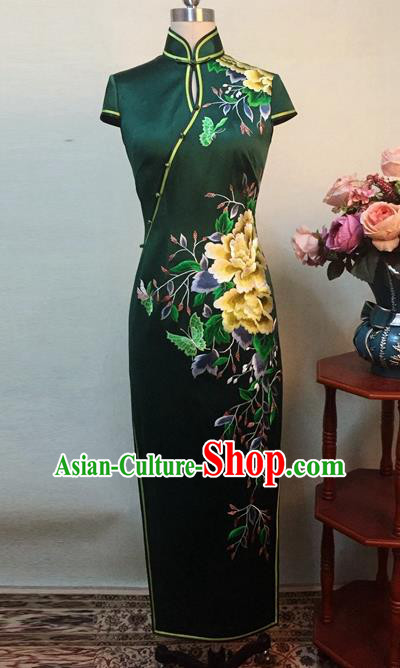 Chinese Traditional Customized Printing Peony Atrovirens Silk Cheongsam National Costume Classical Qipao Dress for Women