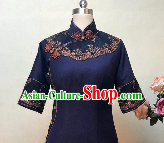 Chinese Traditional Customized Navy Silk Cheongsam National Costume Classical Qipao Dress for Women