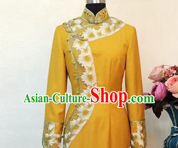 Chinese Traditional Customized Yellow Cheongsam National Costume Classical Qipao Dress for Women