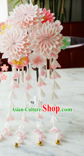 Asian Japan Geisha Pink Argyroxiphium Tassel Hair Claw Japanese Traditional Hair Accessories for Women
