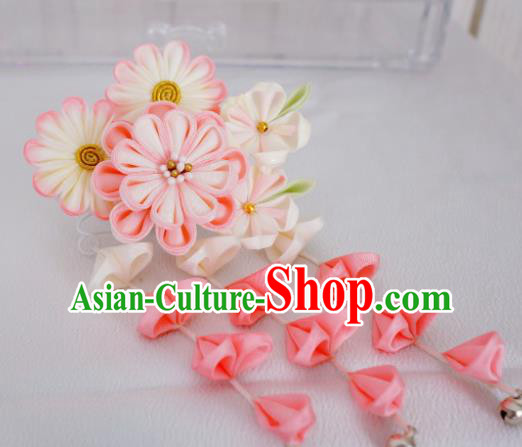 Asian Japan Geisha Pink Flowers Tassel Hair Claw Japanese Traditional Hair Accessories for Women