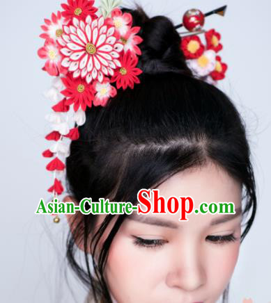 Asian Japan Geisha Red Chrysanthemum Tassel Hairpins Japanese Traditional Hair Accessories for Women