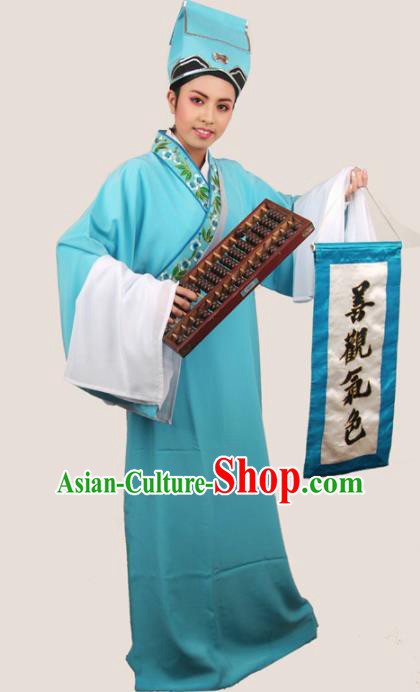 Traditional Chinese Huangmei Opera Niche Costumes Ancient Scholar Blue Robe for Men