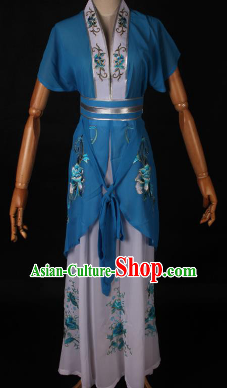 Traditional Chinese Shaoxing Opera Maidservant Blue Dress Ancient Peking Opera Poor Lady Costume for Women