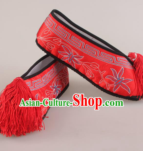 Traditional Chinese Beijing Opera Diva Red Embroidered Shoes Handmade Ancient Princess Blood Stained Shoes for Women