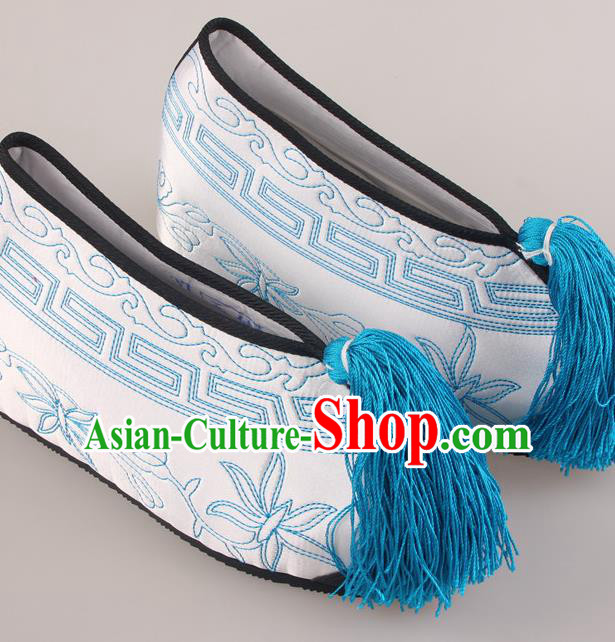 Traditional Chinese Beijing Opera Diva White Height Embroidered Shoes Handmade Ancient Princess Blood Stained Shoes for Women