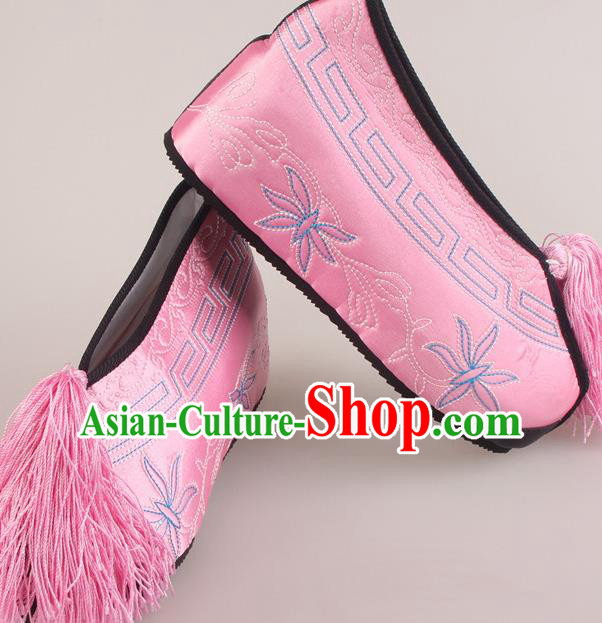 Traditional Chinese Beijing Opera Diva Pink Height Embroidered Shoes Handmade Ancient Princess Blood Stained Shoes for Women