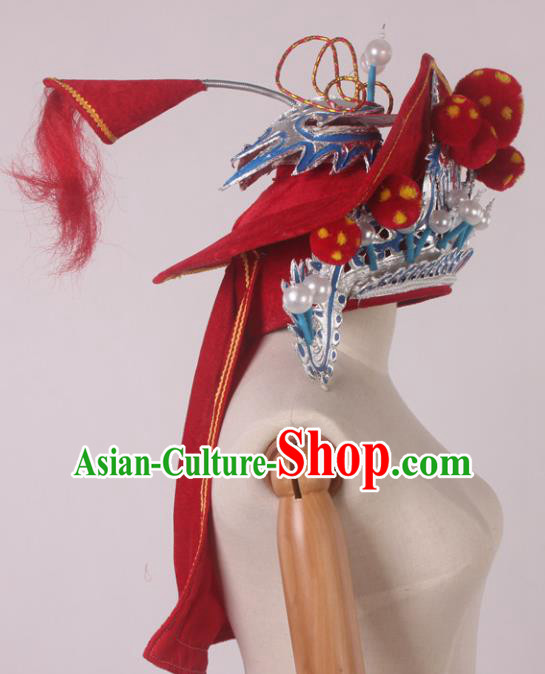 Traditional Chinese Shaoxing Opera Takefu Red Hat Ancient Soldier Helmet Headwear for Men