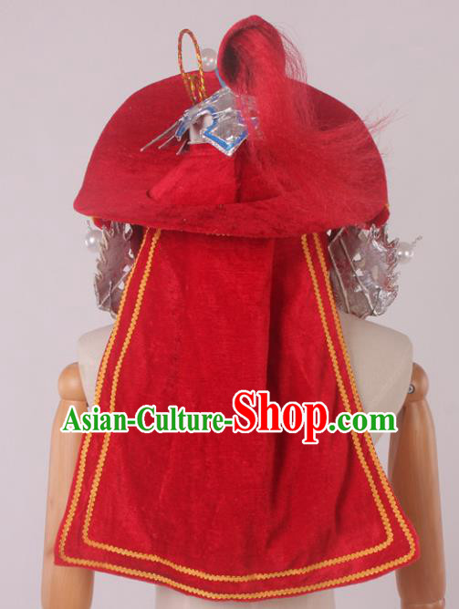 Traditional Chinese Shaoxing Opera Takefu Red Hat Ancient Soldier Helmet Headwear for Men
