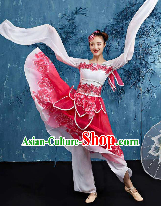 Traditional Chinese Classical Dance Cai Wei Costume Group Dance Water Sleeve Dance Red Dress for Women