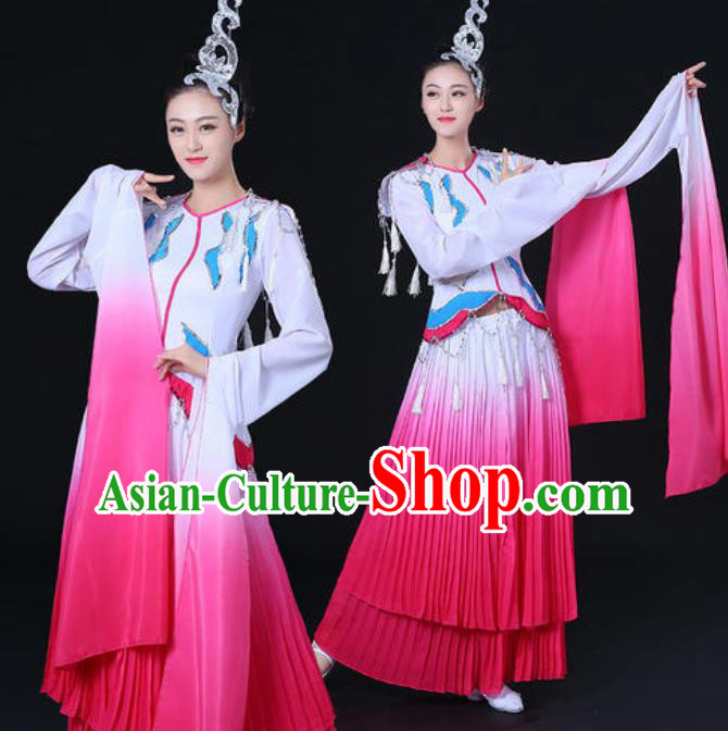 Traditional Chinese Classical Dance Cai Wei Costume Water Sleeve Dance Rosy Dress for Women