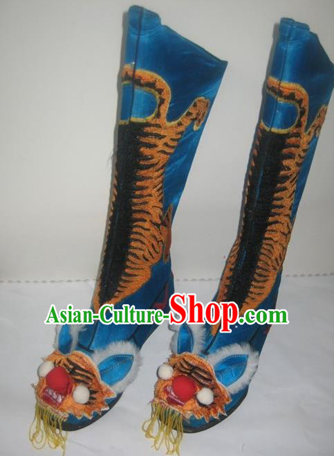 Traditional Chinese Beijing Opera Takefu Blue Boots Handmade Ancient General Tiger Shoes for Men