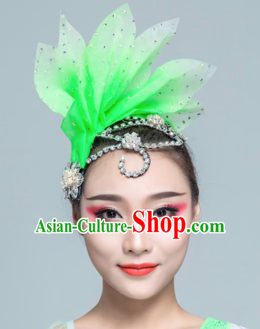 Traditional Chinese Folk Dance Green Silk Leaf Hair Clasp Fan Dance Yanko Dance Headwear for Women