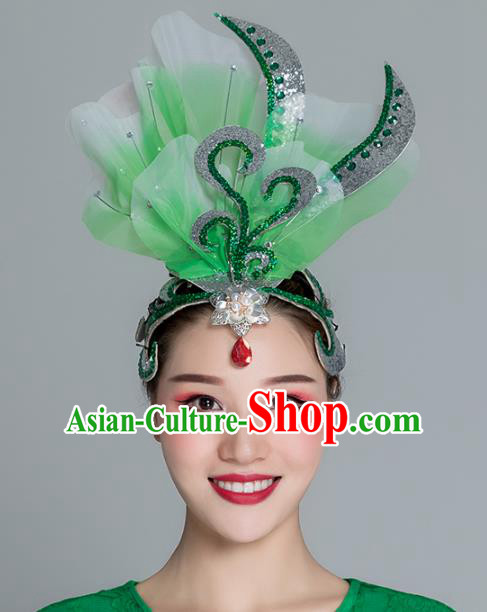 Traditional Chinese Folk Dance Green Silk Flower Hair Clasp Fan Dance Yanko Dance Headwear for Women