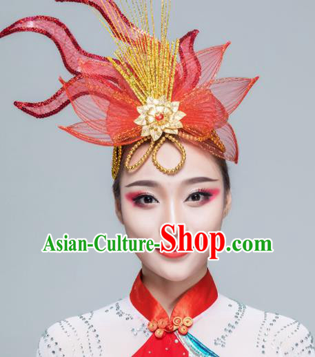 Traditional Chinese Yangko Dance Red Lotus Hair Claw Folk Dance Fan Dance Headwear for Women