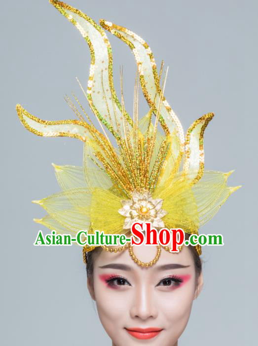 Traditional Chinese Yangko Dance Yellow Lotus Hair Claw Folk Dance Fan Dance Headwear for Women