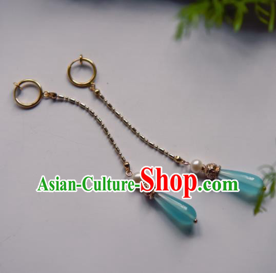 Chinese Ancient Princess Blue Tassel Ear Accessories Traditional Hanfu Earrings for Women