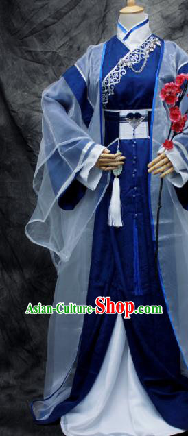 Traditional Chinese Cosplay Swordsman Nobility Childe Royalblue Costume Ancient Royal Highness Hanfu Clothing for Men