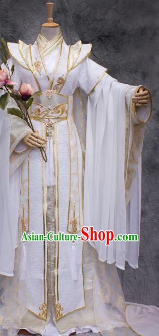 Traditional Chinese Cosplay King Swordsman White Costume Ancient Royal Highness Hanfu Clothing for Men