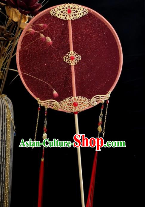 Chinese Ancient Princess Wedding Red Silk Palace Fans Traditional Hanfu Round Fan for Women